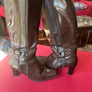 Women's Dark Brown Leather Mid-Heel Riding Boots with Buckle Detail